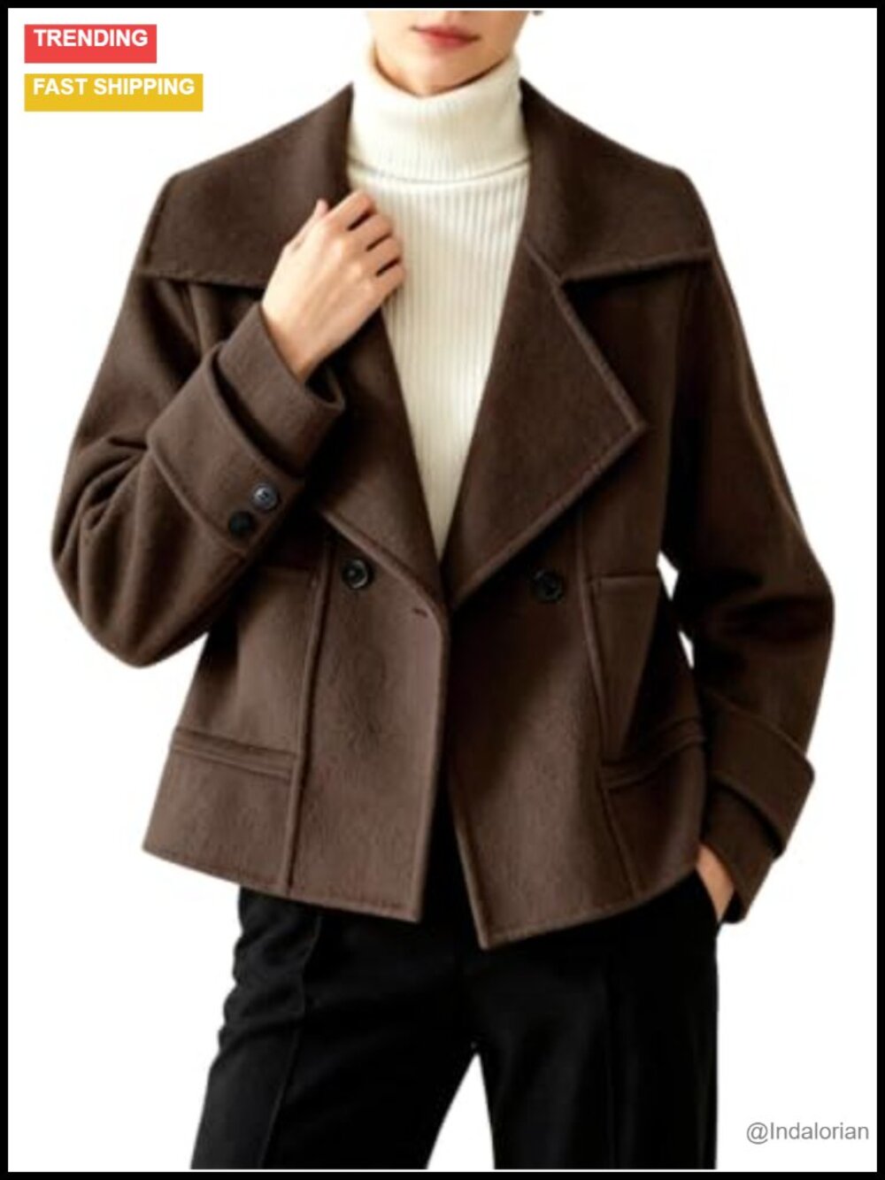 Womens Cropped Wool Pea Coat Notched Lapel Short Pockets